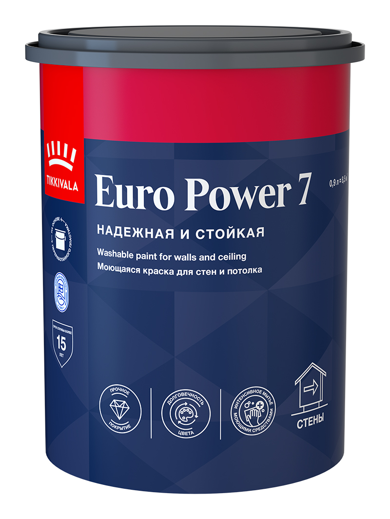 Моющаяся краска для стен и потолков EURO POWER 7 Основа С (под колеровку в насыщенные тона) 2,7л Tikkivala: для стен и потолков и для внутренних работ