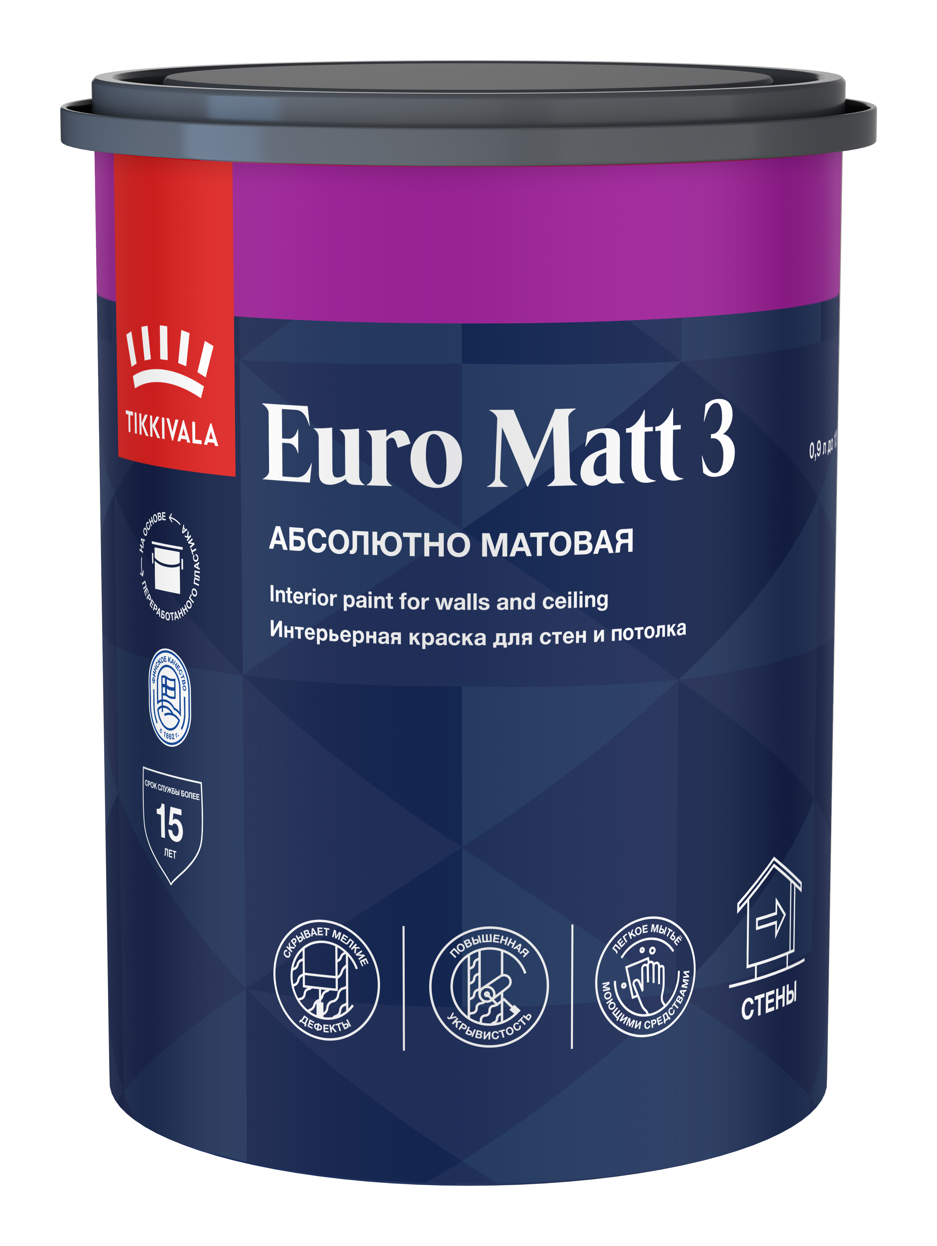 Краска для стен и потолков EURO MATT 3, Основа С (под колеровку в насыщенные тона), 9л, Tikkivala — купить для внутренних работ