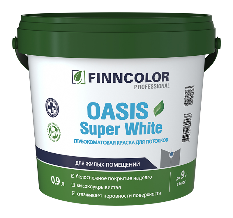 интерьерная краска Интерьерная краска для потолков OASIS SUPER WHITE Finncolor Белый 9л, акриловая, водно-дисперсионная, матовая, колеруемая для стен и потолков