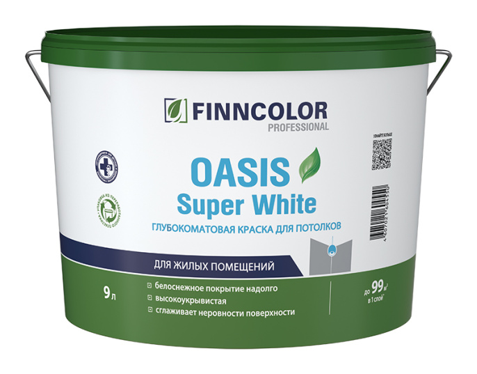 интерьерная краска Интерьерная краска для потолков OASIS SUPER WHITE Finncolor Белый 9л, акриловая, водно-дисперсионная, матовая, колеруемая для стен и потолков