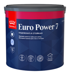 Моющаяся краска для стен и потолков EURO POWER 7 Основа С (под колеровку в насыщенные тона) 2,7л Tikkivala: для стен и потолков и для внутренних работ